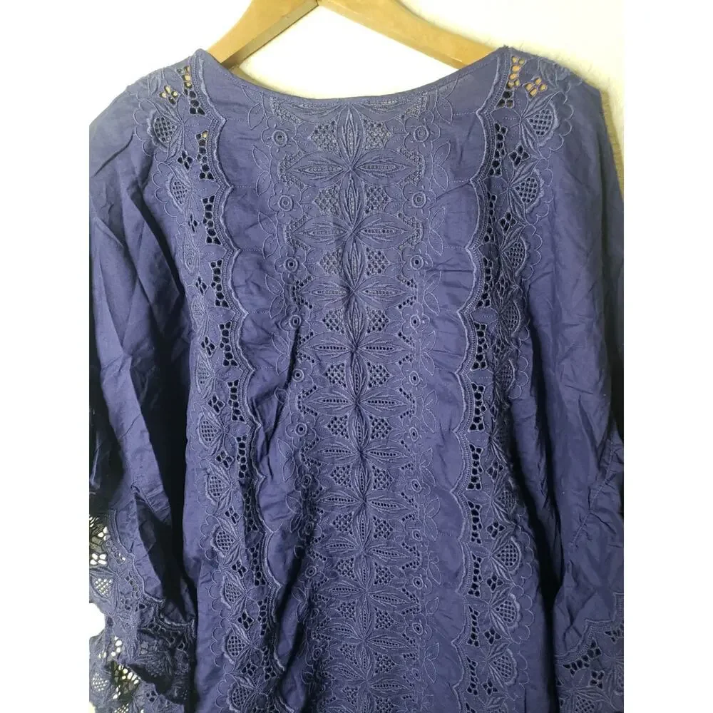 J Crew Re-imagined Blue Embroidered Floral Caftan Cover Up Tunic Top MEDIUM